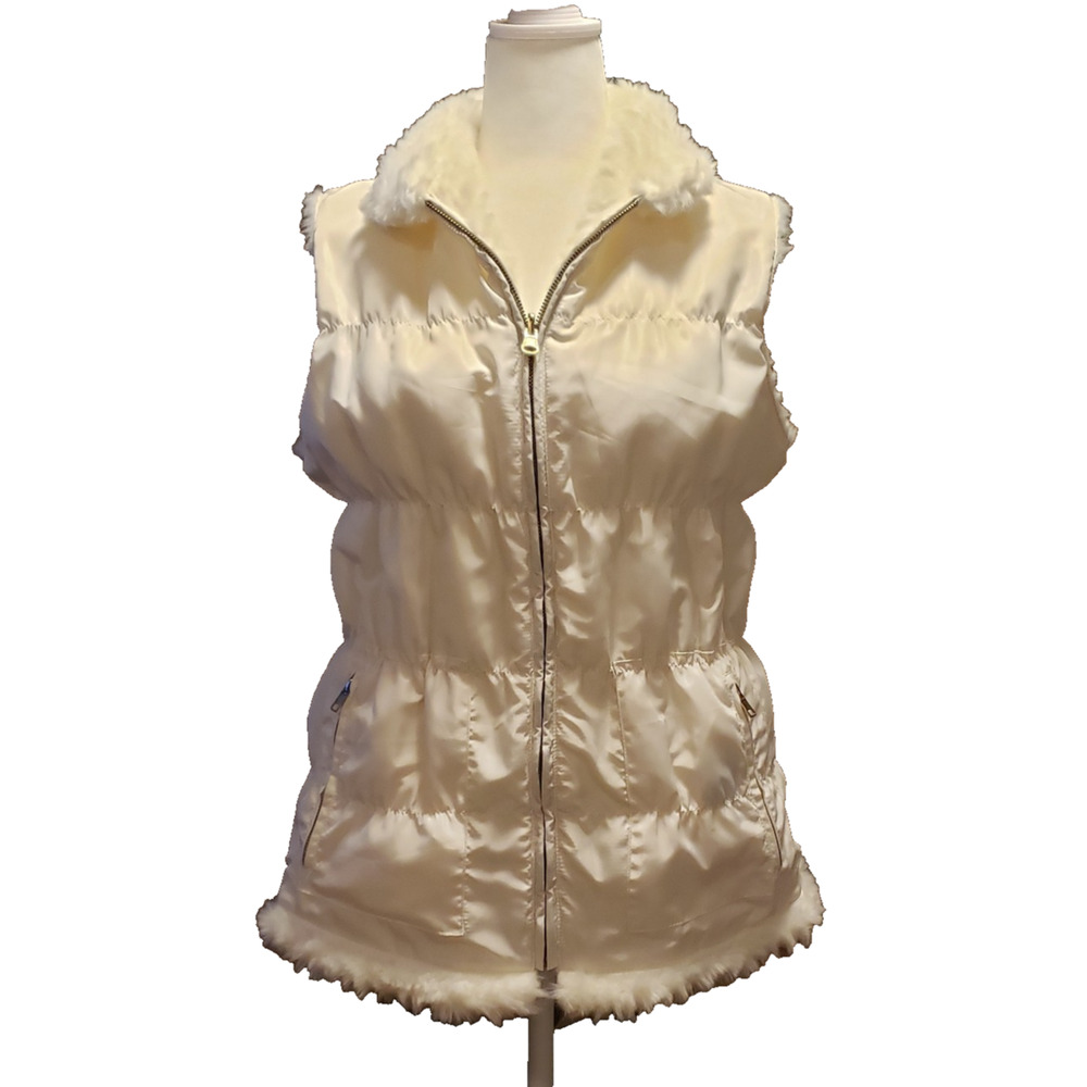 Bagatelle Reversible Puffer Vest Ivory Faux‎ Fur Quilted Zip Up White Womens